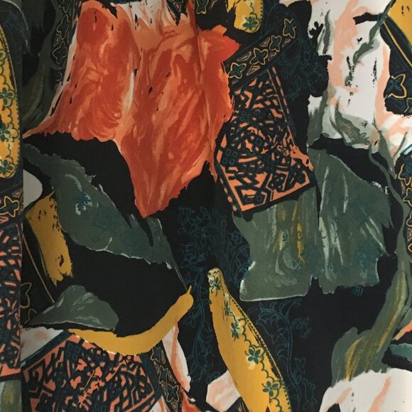 Vintage 80s Union Made Orange and Green Abstract Button Waist Pleated Midi Skirt - Picture 7 of 14